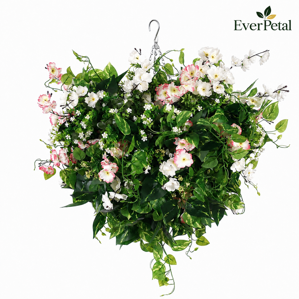 Large Outdoor Artificial Hanging Basket | White & Fuchsia