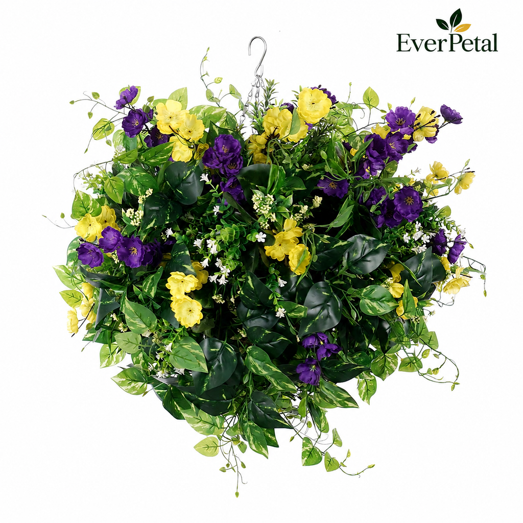 Large Outdoor Artificial Hanging Basket | Yellow & Purple