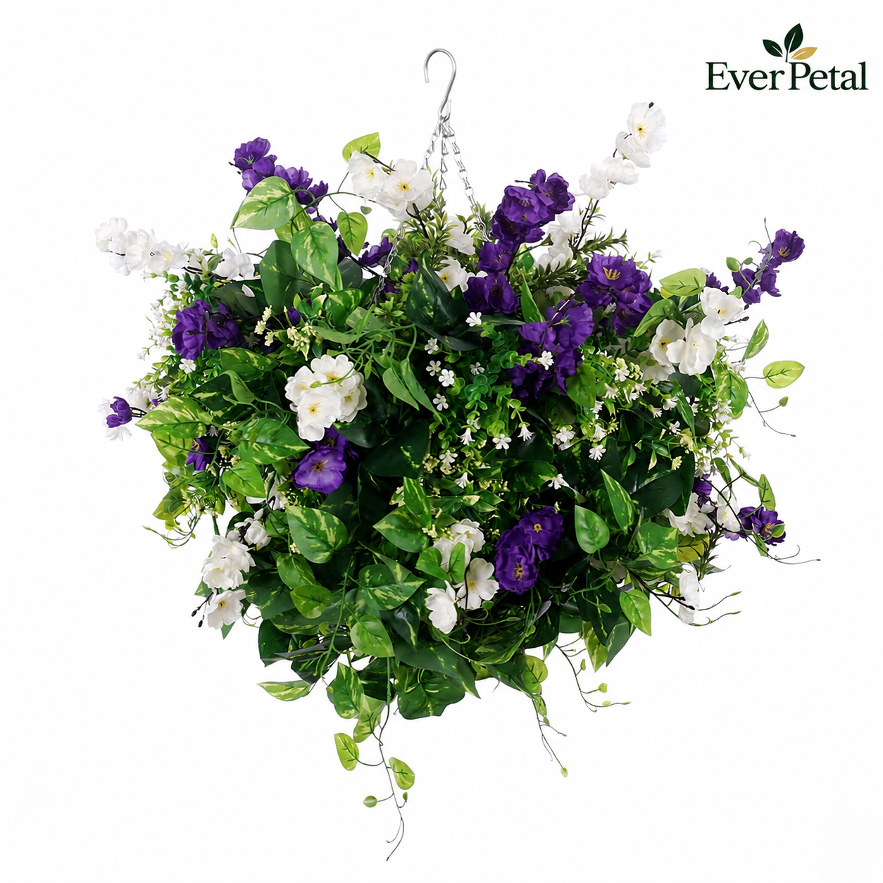 Large Outdoor Artificial Hanging Basket | White & Purple